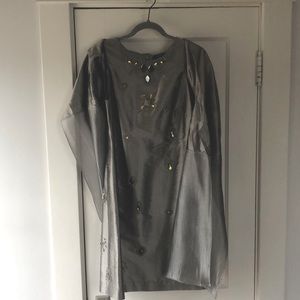 2000s Chic Per Se 100% Silk Silver Bejeweled Cocktail Dress and Shawl US Size 4